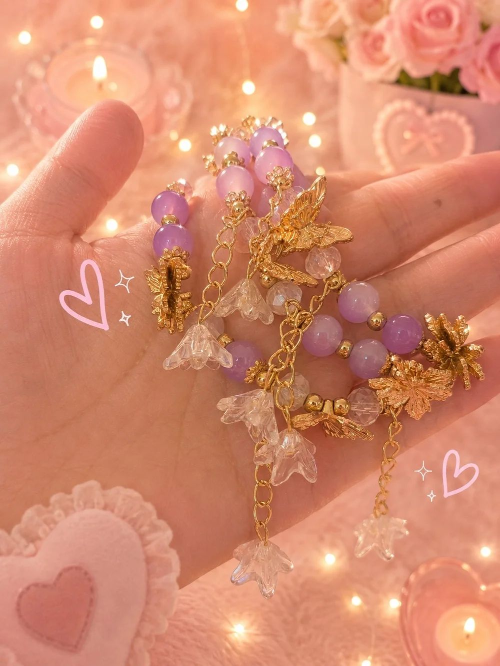 3 Glass Gold & Lavender Beaded Charm Bracelet - Elegant Floral Dangle - Picture 1 of 1